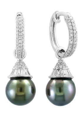 Effy 14K White Gold Diamond Black Tahitian Pearl Earrings