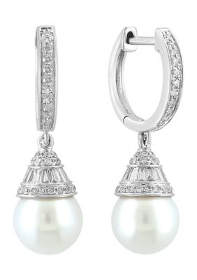 Effy 14K White Gold Diamond Freshwater Pearl Earrings
