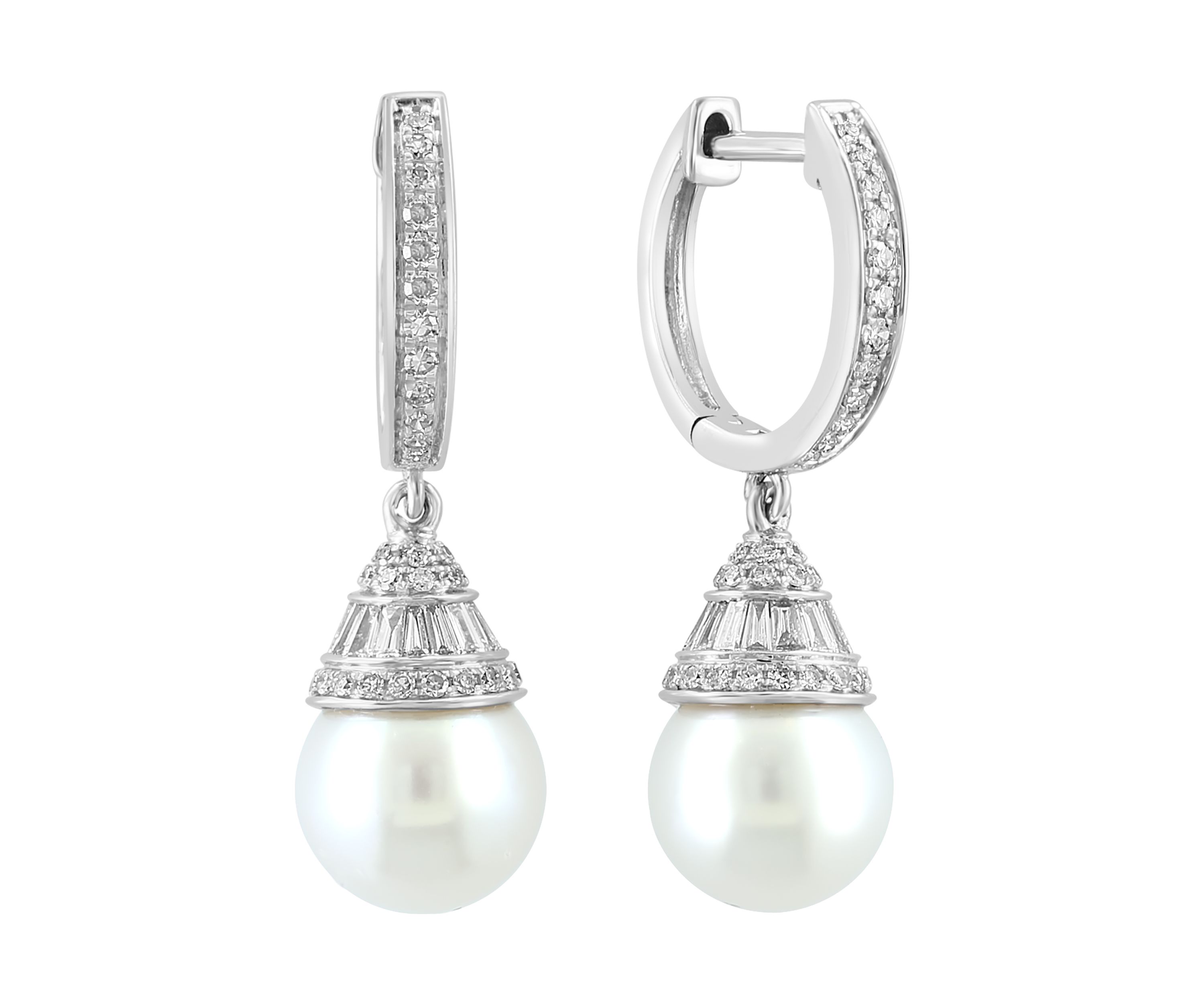 14K White Gold Diamond Freshwater Pearl Earrings