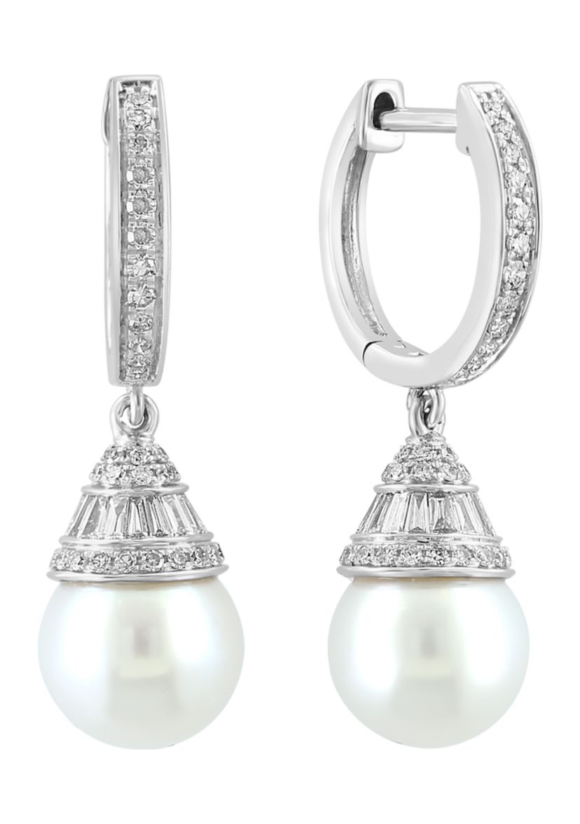 14K White Gold Diamond Freshwater Pearl Earrings