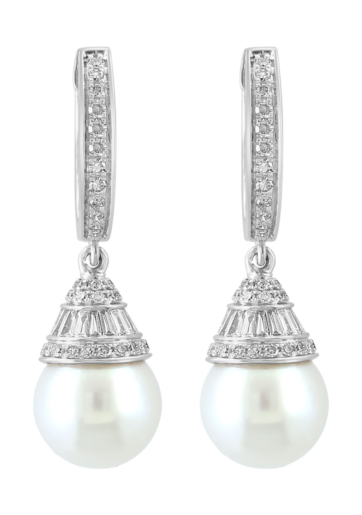 14K White Gold Diamond Freshwater Pearl Earrings