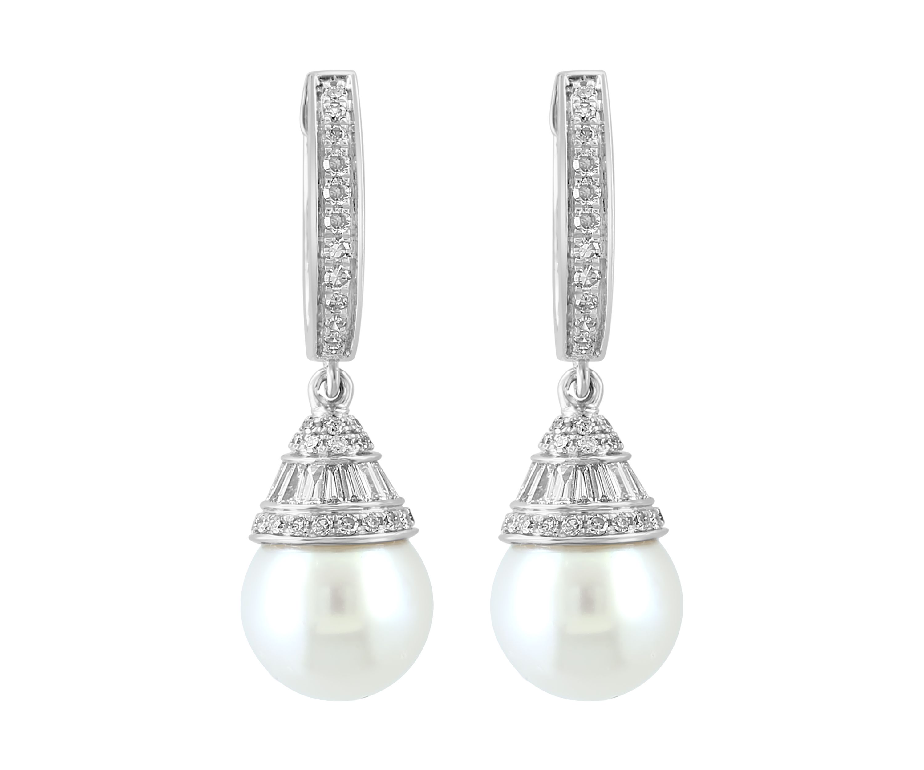 14K White Gold Diamond Freshwater Pearl Earrings