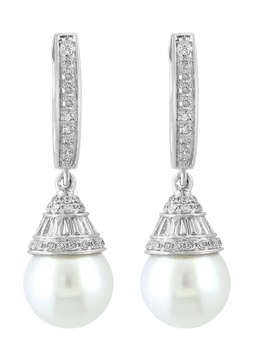 14K White Gold Diamond Freshwater Pearl Earrings