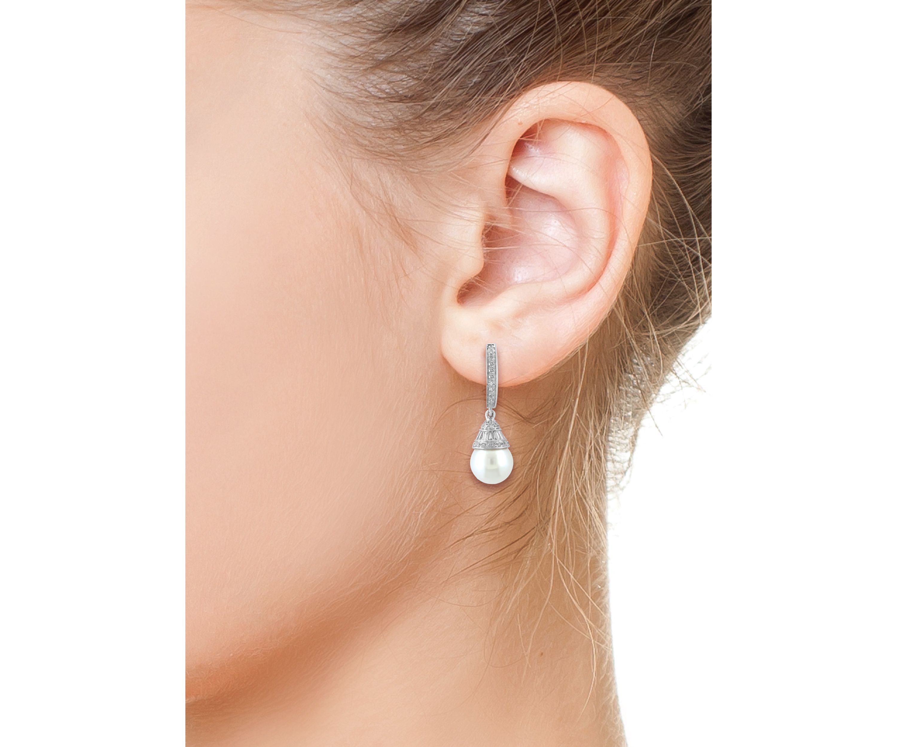 14K White Gold Diamond Freshwater Pearl Earrings