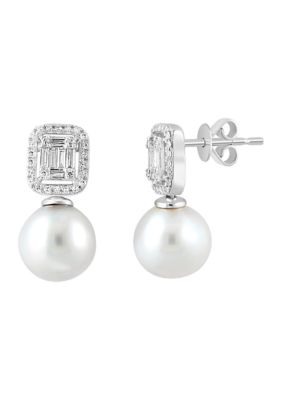 Effy 1/3 ct. t.w. Diamond and Freshwater Pearl Earrings in 14K White Gold