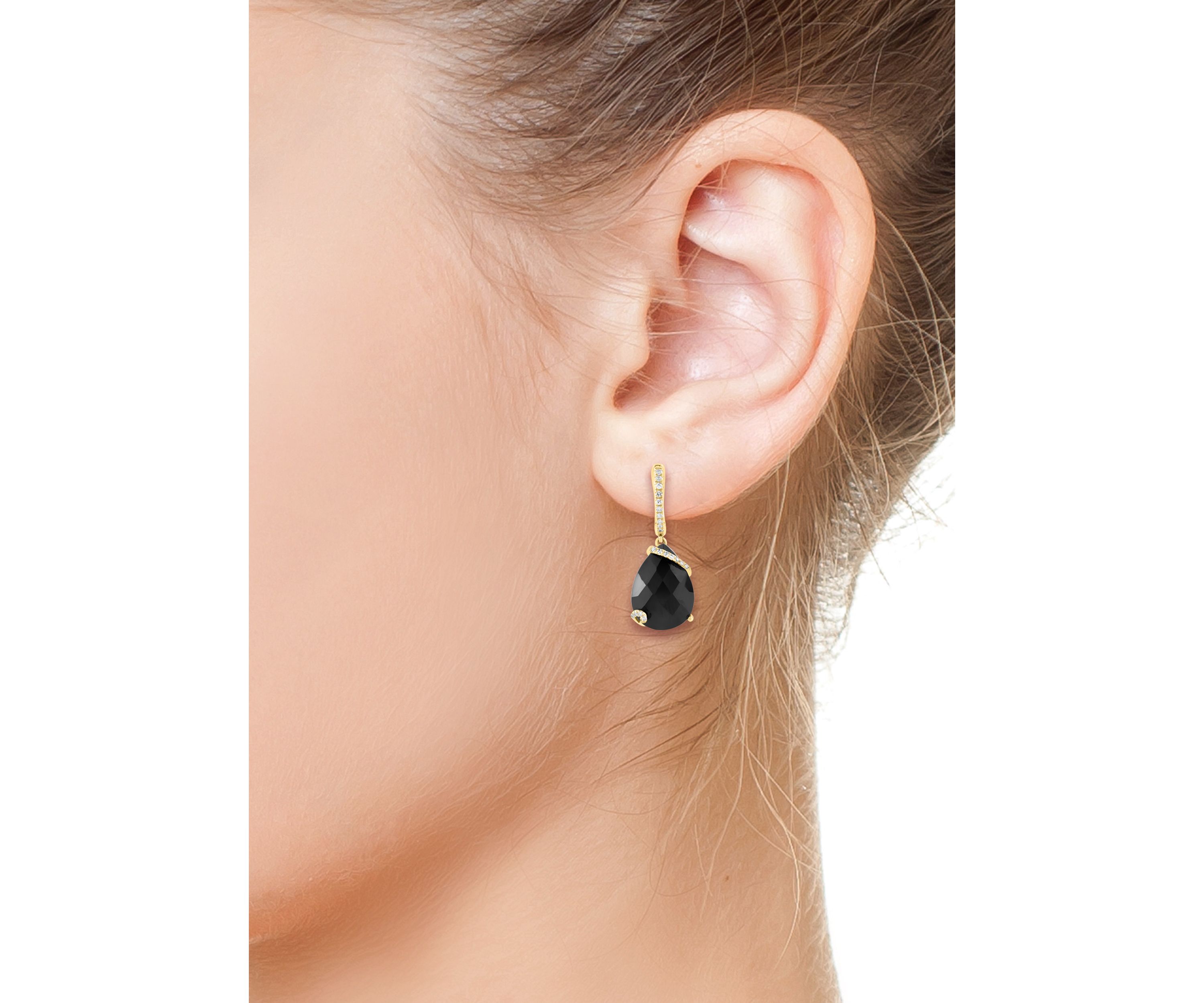 14K Yellow Gold Diamond Onyx Earrings