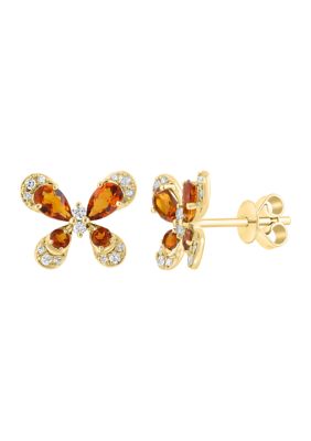 Effy 1/6 ct. t.w. Diamond and Madera Citrine Butterfly Earrings in 14K Yellow Gold