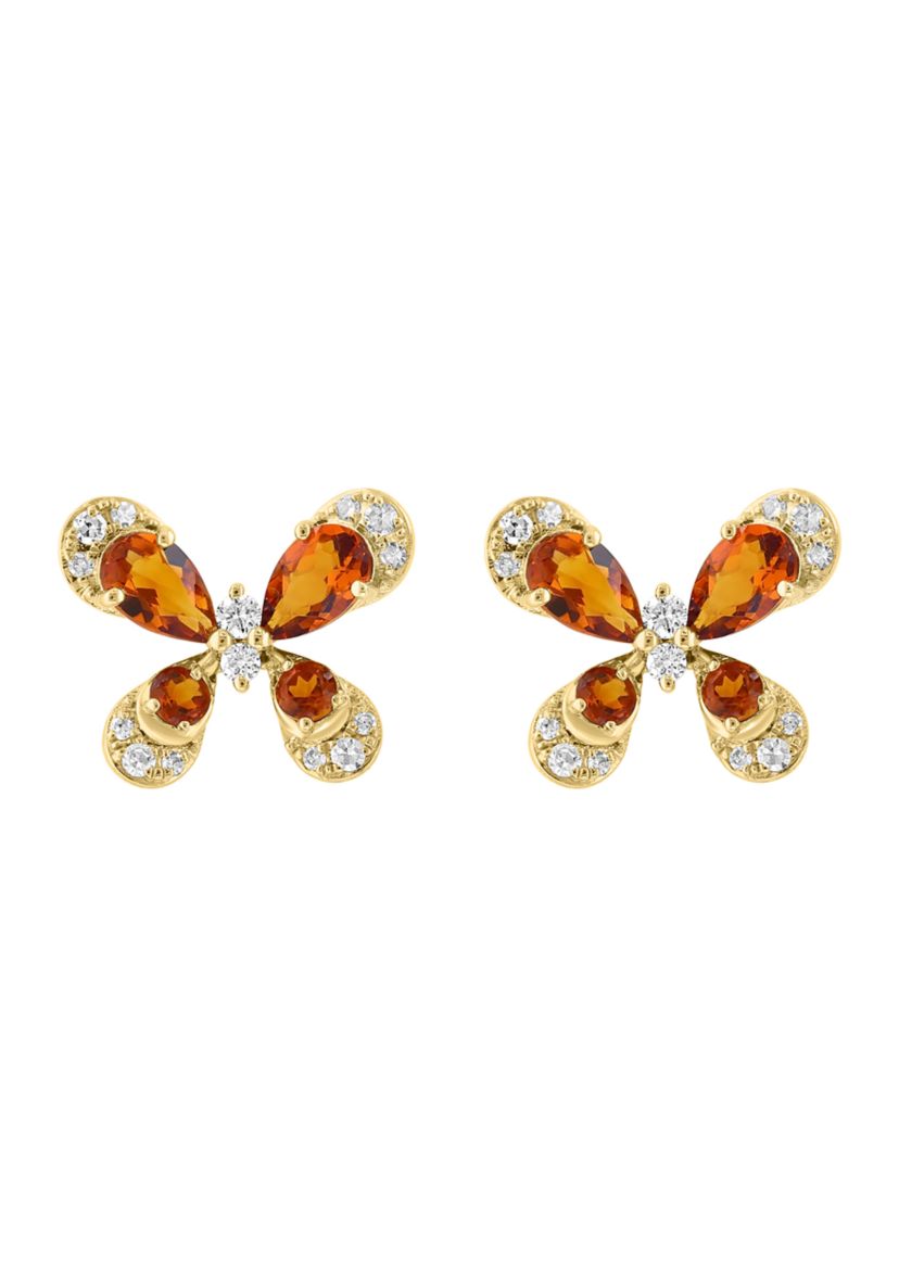1/6 ct. t.w. Diamond and Madera Citrine Butterfly Earrings in 14K Yellow Gold