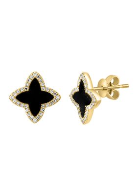 Effy 1/6 Ct. T.w. Diamond And Onyx Stud Earrings In 14K Yellow Gold
