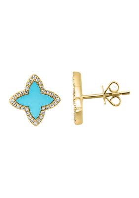 Effy 1/6 Ct. T.w. Diamond And Turquoise Stud Earrings In 14K Yellow Gold