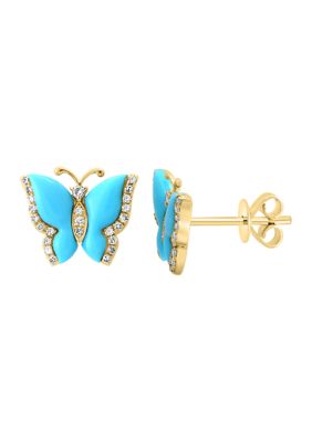 Effy 1/6 Ct. T.w. Diamond, 1.4 Ct. T.w. Turquoise Earrings In 14K Yellow Gold