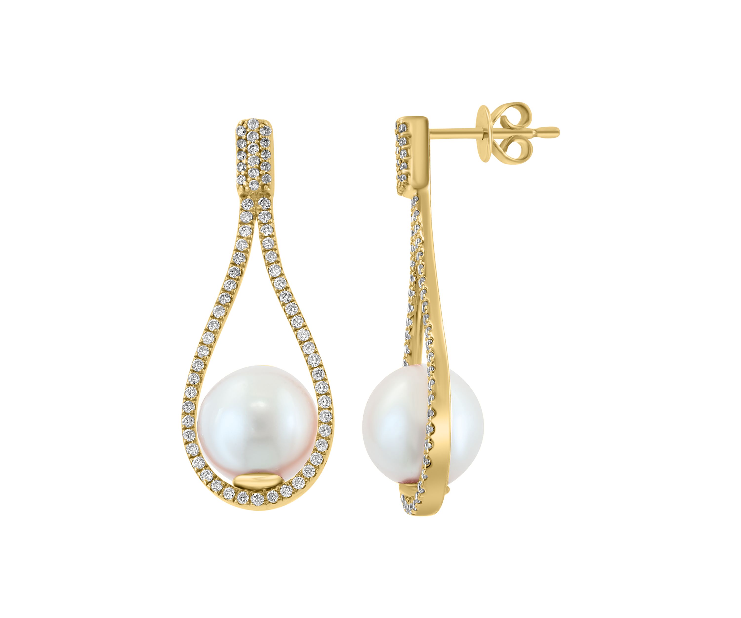 Diamond and Freshwater Pearl Earrings in 14K Yellow Gold