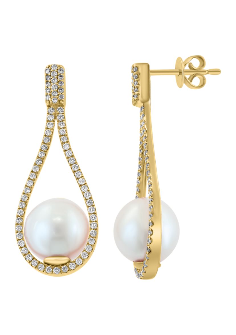 Diamond and Freshwater Pearl Earrings in 14K Yellow Gold