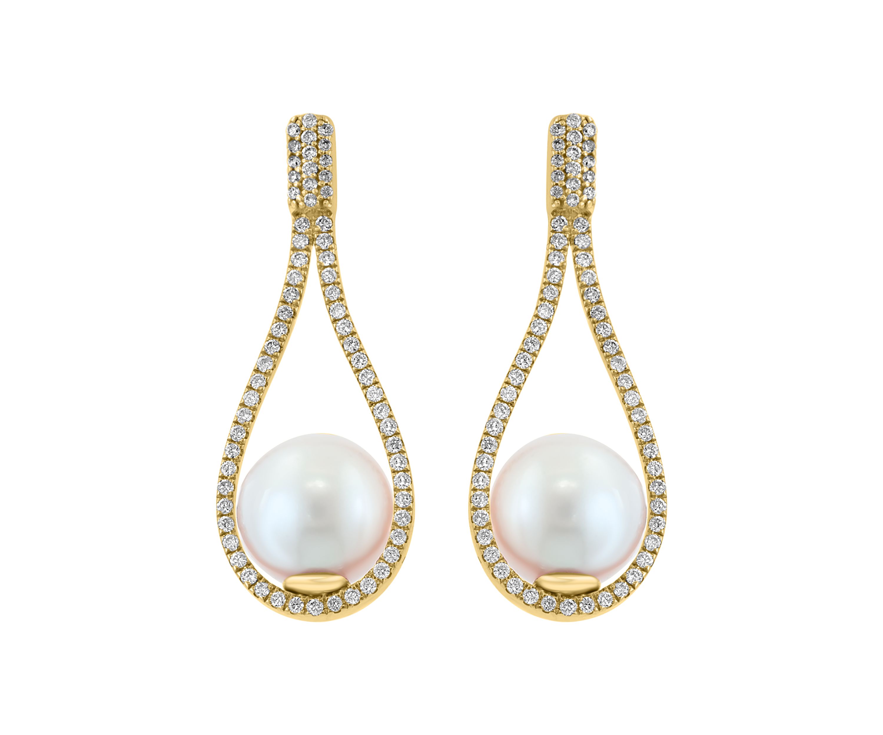 Diamond and Freshwater Pearl Earrings in 14K Yellow Gold