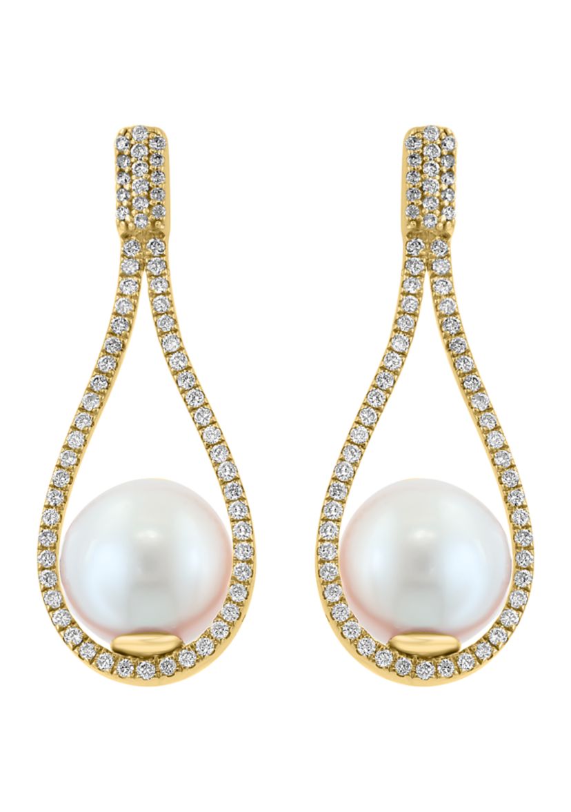Diamond and Freshwater Pearl Earrings in 14K Yellow Gold