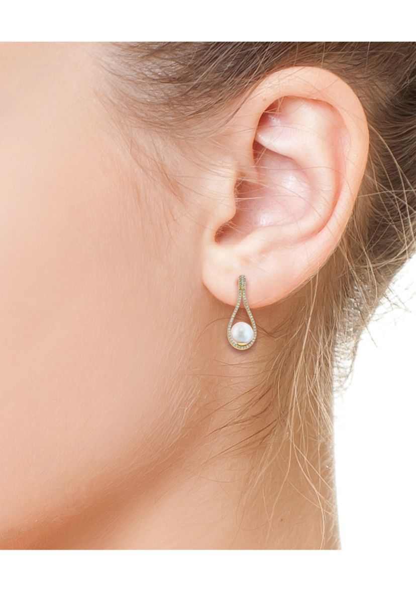 Diamond and Freshwater Pearl Earrings in 14K Yellow Gold