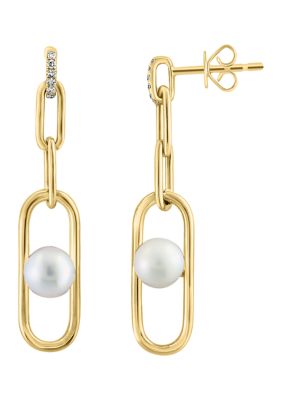 Effy Diamond, Freshwater Pearl Drop Earrings In 14K Yellow Gold