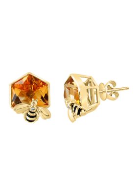 Effy Diamond Citrine Bee Button Earrings In 14K Yellow Gold