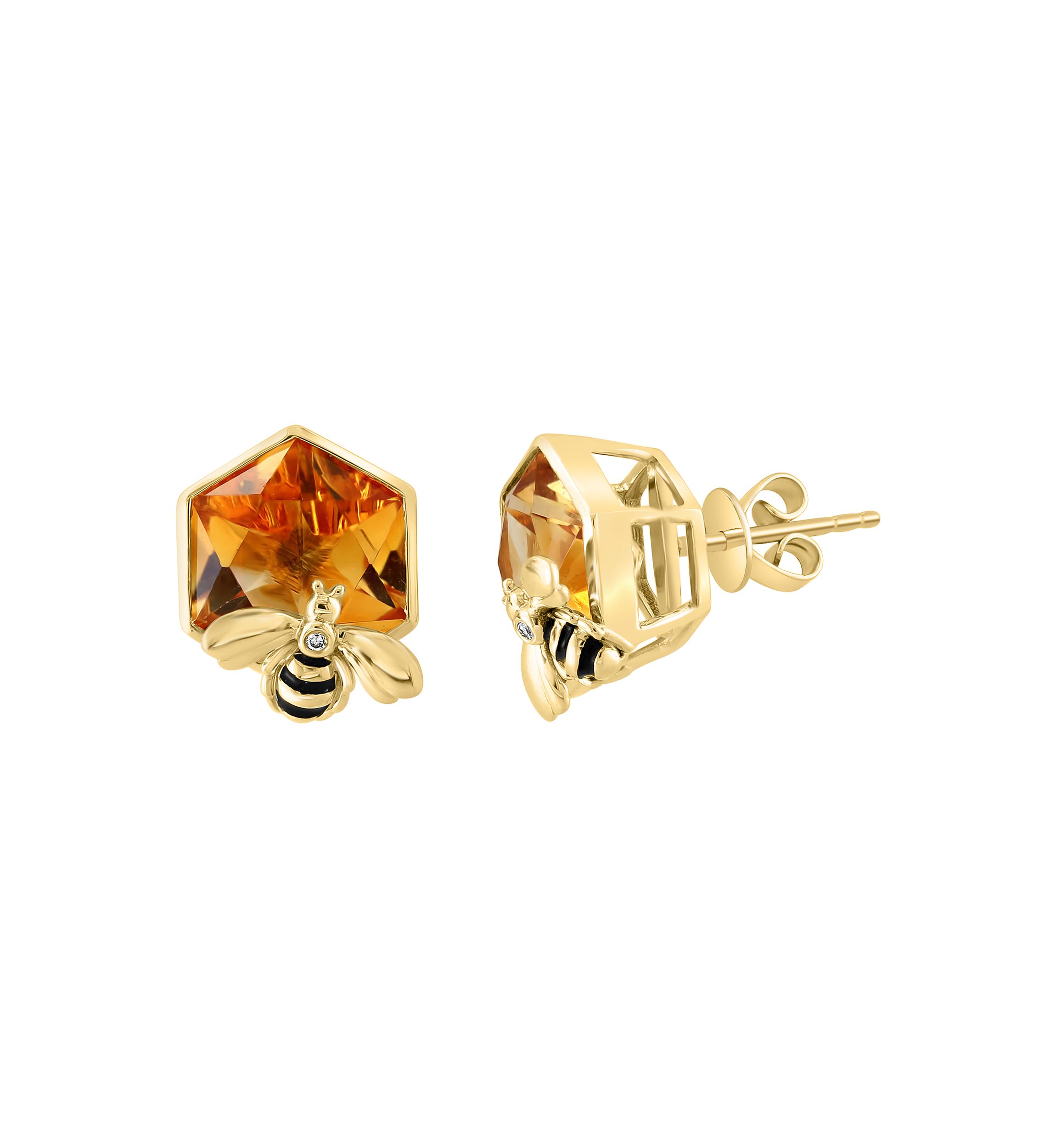 Diamond Citrine Bee Button Earrings In 14K Yellow Gold 