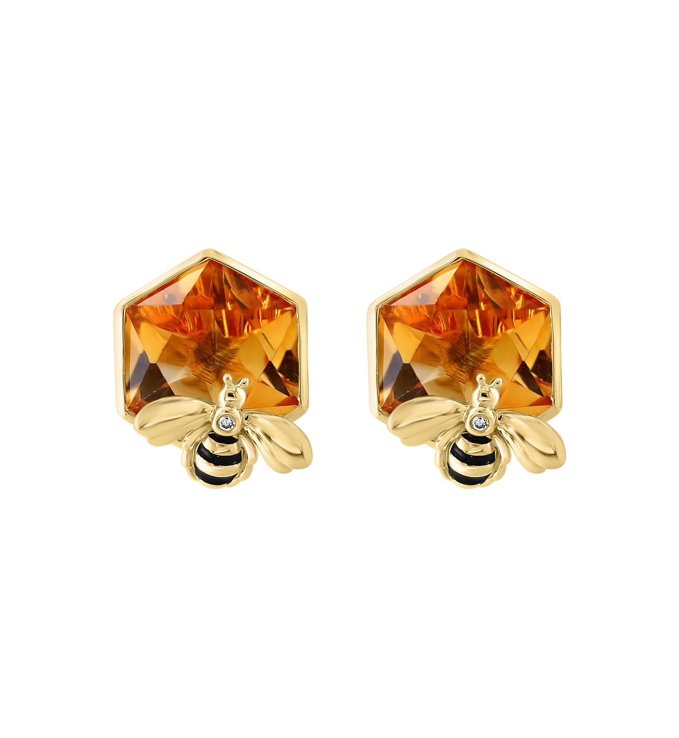 Diamond Citrine Bee Button Earrings In 14K Yellow Gold 