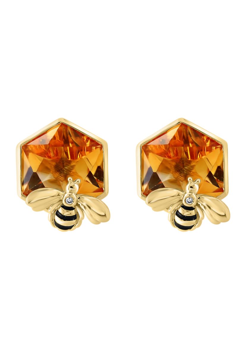 Diamond Citrine Bee Button Earrings In 14K Yellow Gold 