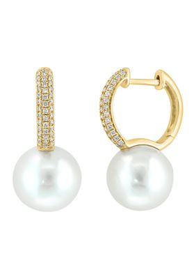Effy 1/3 Ct. T.w. Diamond And Freshwater Pearl Drop Earrings In 14K Yellow Gold