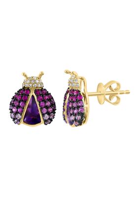 Effy Diamond, Amethyst, And Pink Sapphire Ladybug Stud Earrings In 14K Yellow Gold