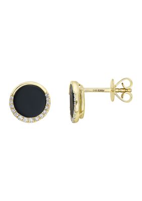 Effy 1/10 Ct. T.w. Round Diamond And Onyx Button Earrings In 14K Yellow Gold