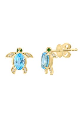 Effy Diamond Blue Topaz and Tsavorite Turtle Button Earrings In 14K Yellow Gold