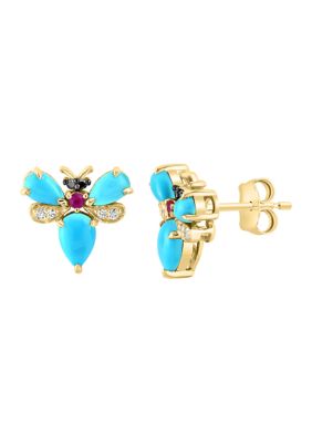 Effy Diamond, Ruby And Turquoise Bee Stud Earrings In 14K Yellow Gold