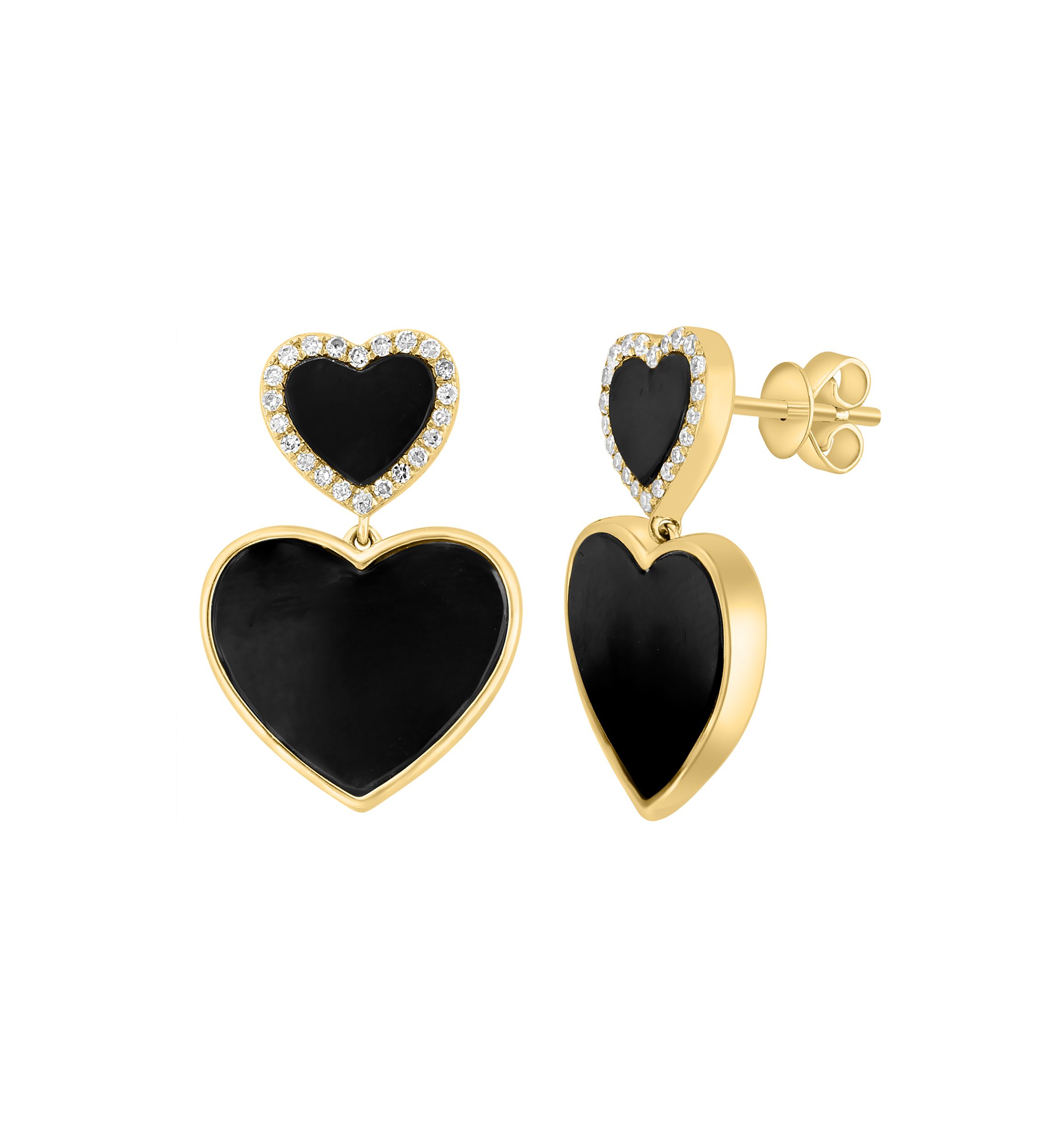 Diamond and Onyx Heart Earrings in 14K Yellow Gold