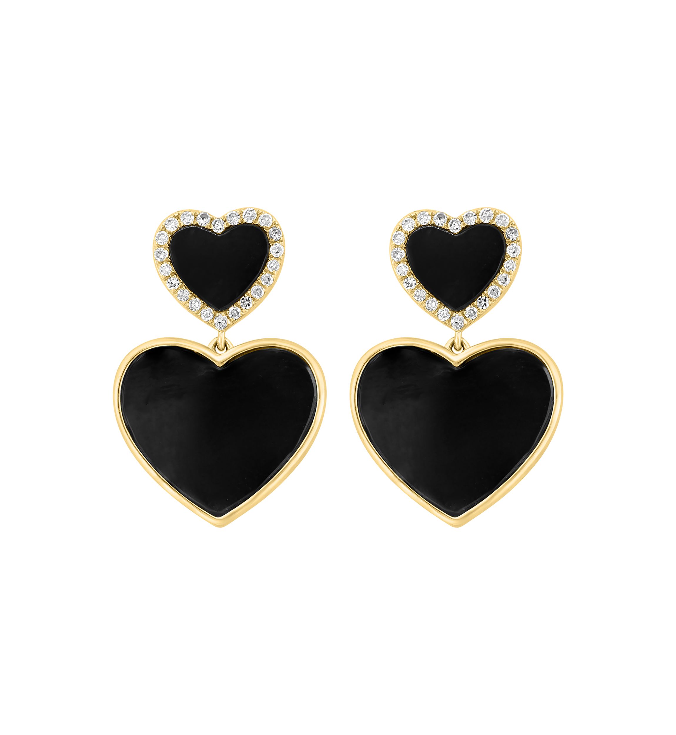 Diamond and Onyx Heart Earrings in 14K Yellow Gold