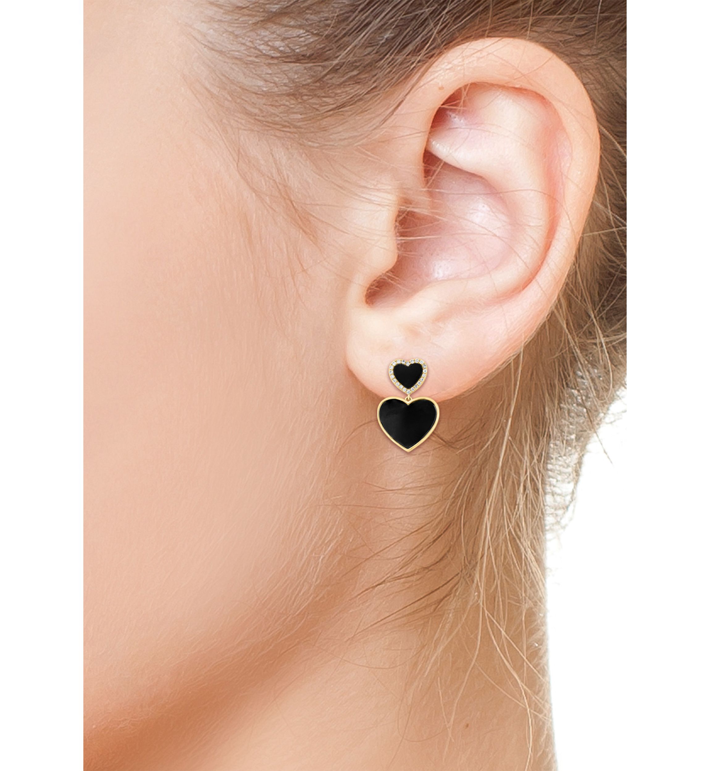 Diamond and Onyx Heart Earrings in 14K Yellow Gold