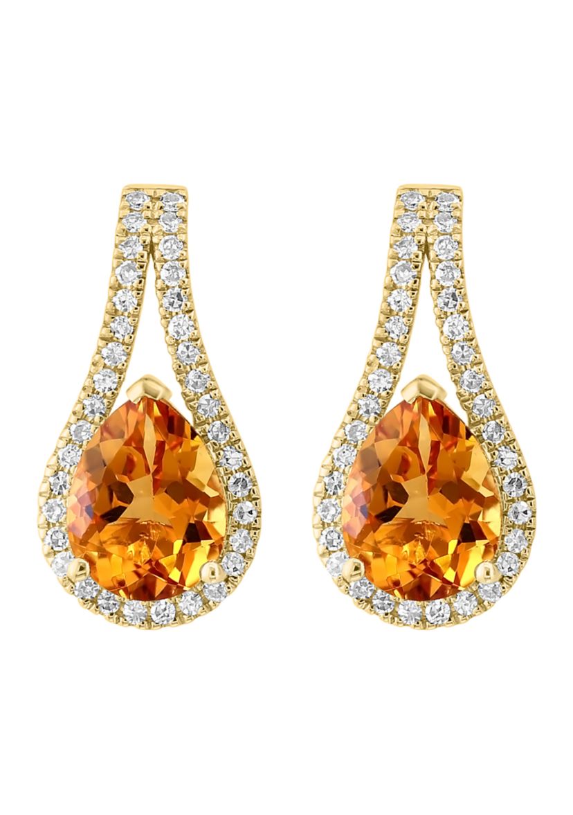 Diamond and Citrine Drop Earrings in 14K Yellow Gold
