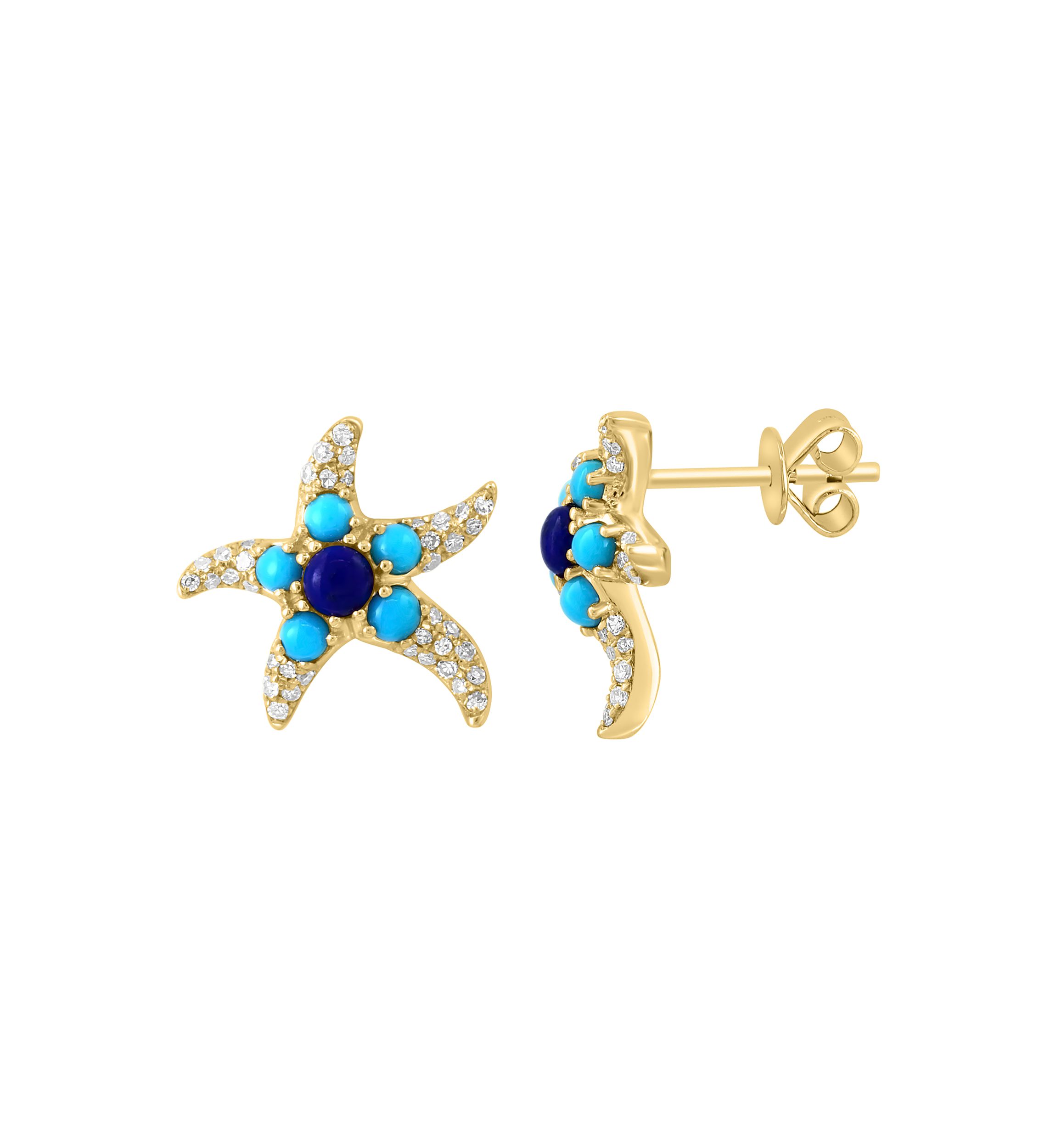1/4 ct. t.w. Lapis Lazuli, 1/2 ct. t.w. Turquoise, 3/8 ct. t.w. Diamond Earrings in 14K Yellow Gold