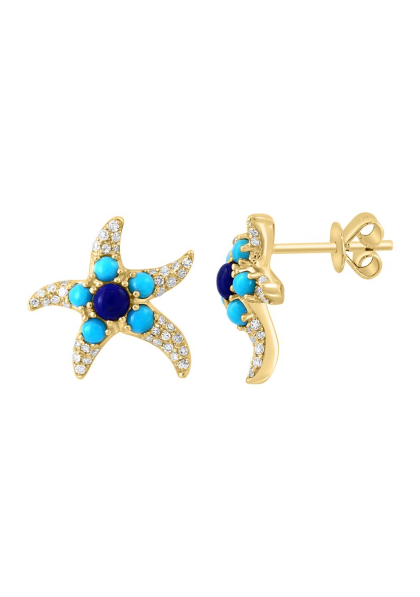 1/4 ct. t.w. Lapis Lazuli, 1/2 ct. t.w. Turquoise, 3/8 ct. t.w. Diamond Earrings in 14K Yellow Gold