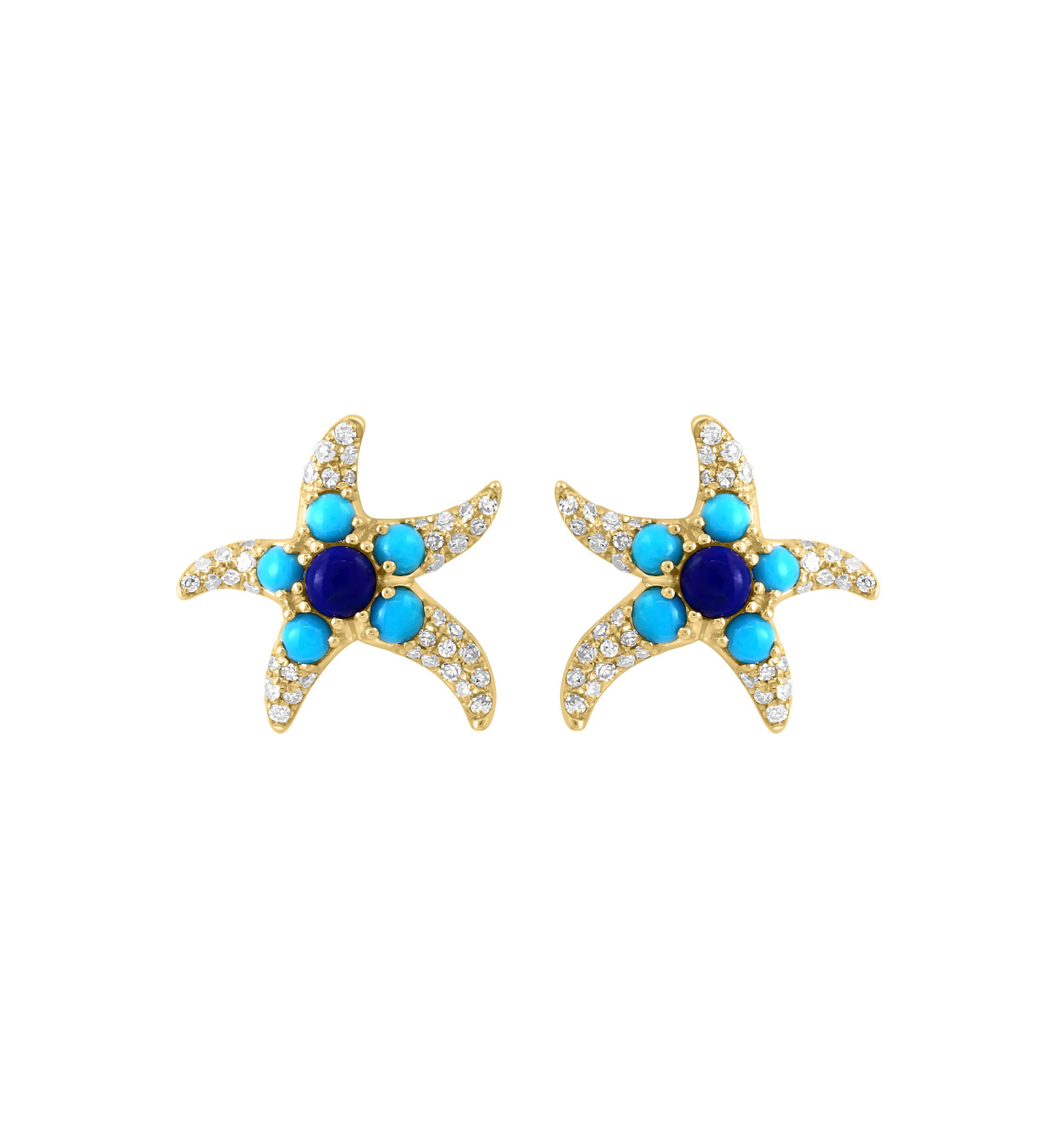 1/4 ct. t.w. Lapis Lazuli, 1/2 ct. t.w. Turquoise, 3/8 ct. t.w. Diamond Earrings in 14K Yellow Gold