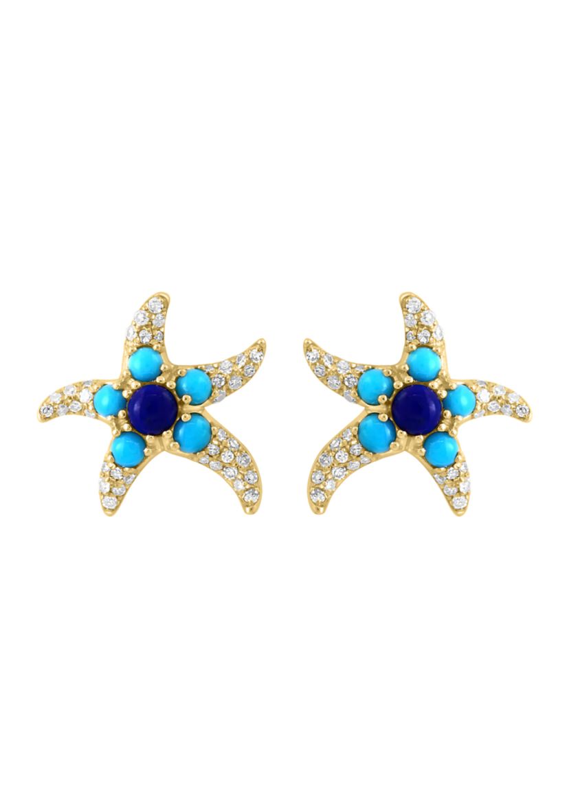 1/4 ct. t.w. Lapis Lazuli, 1/2 ct. t.w. Turquoise, 3/8 ct. t.w. Diamond Earrings in 14K Yellow Gold