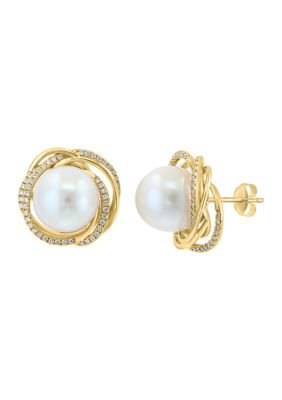 Effy Diamond And Freshwater Pearl Stud Earrings In 14K Yellow Gold