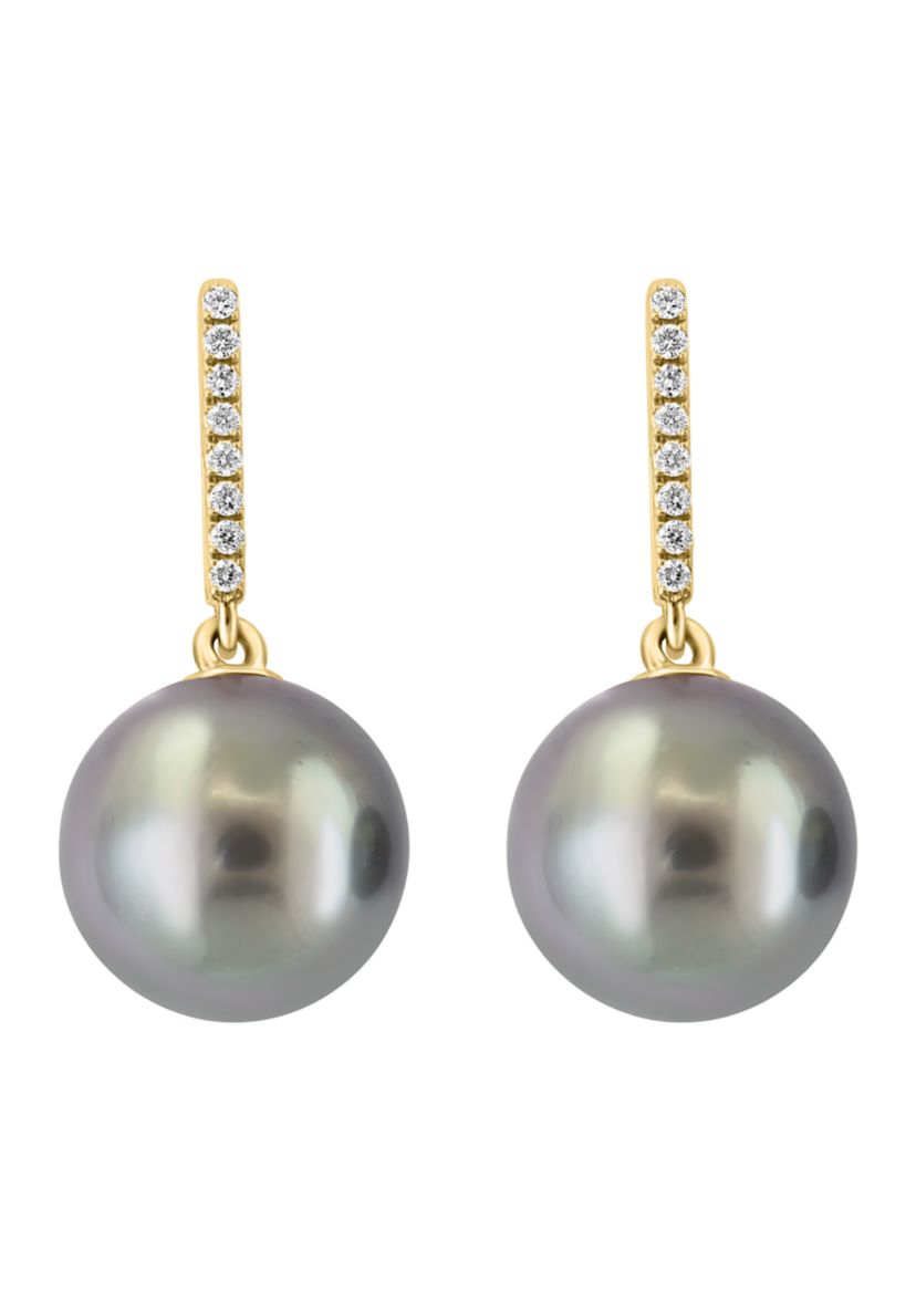 Diamond and Black Tahitian Pearl Earrings in 14K Yellow Gold