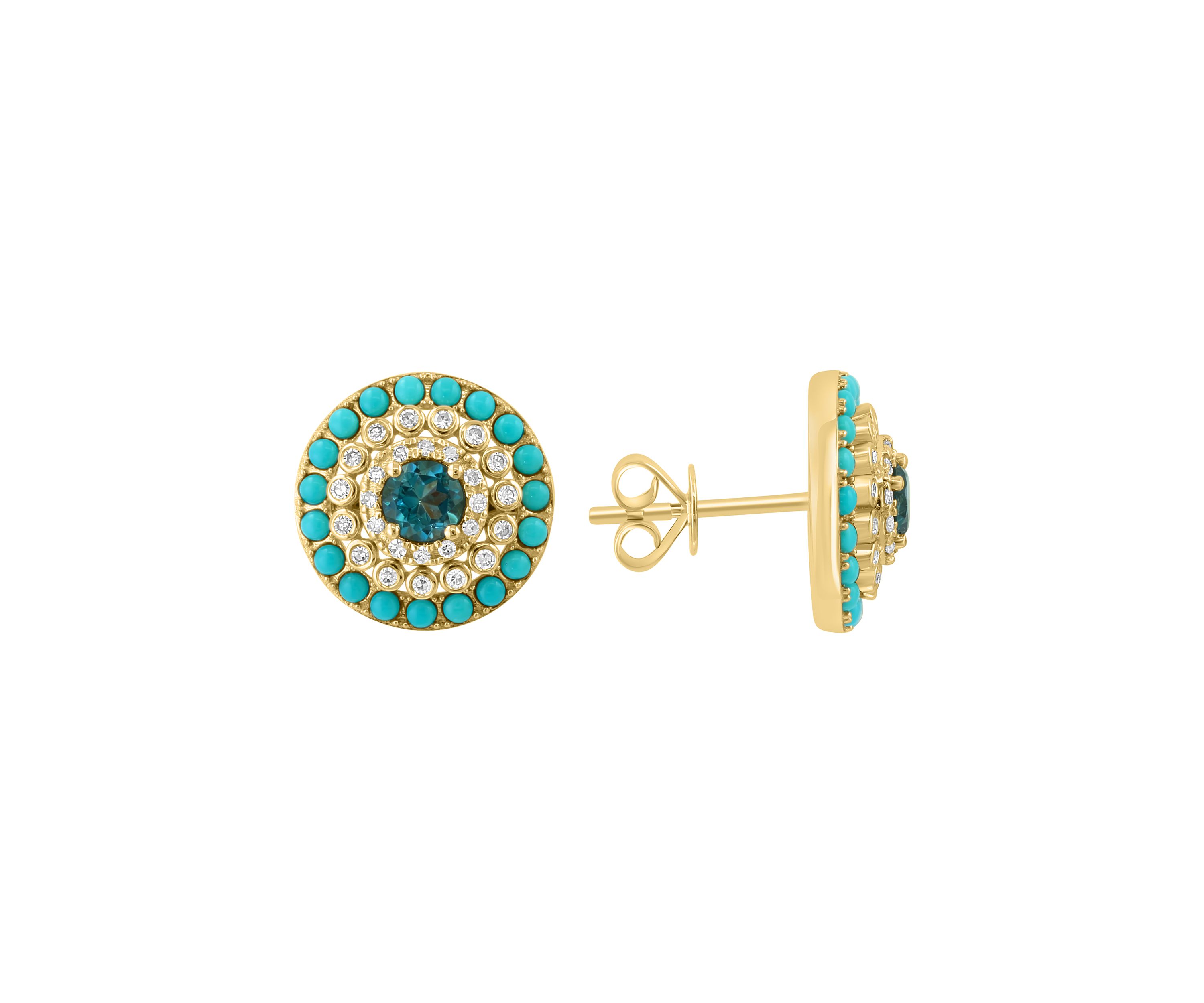 1/4 ct. t.w. London Blue Topaz, 3/4 ct. t.w. Turquoise, 1 ct. t.w. Diamond Earrings in 14K Yellow Gold