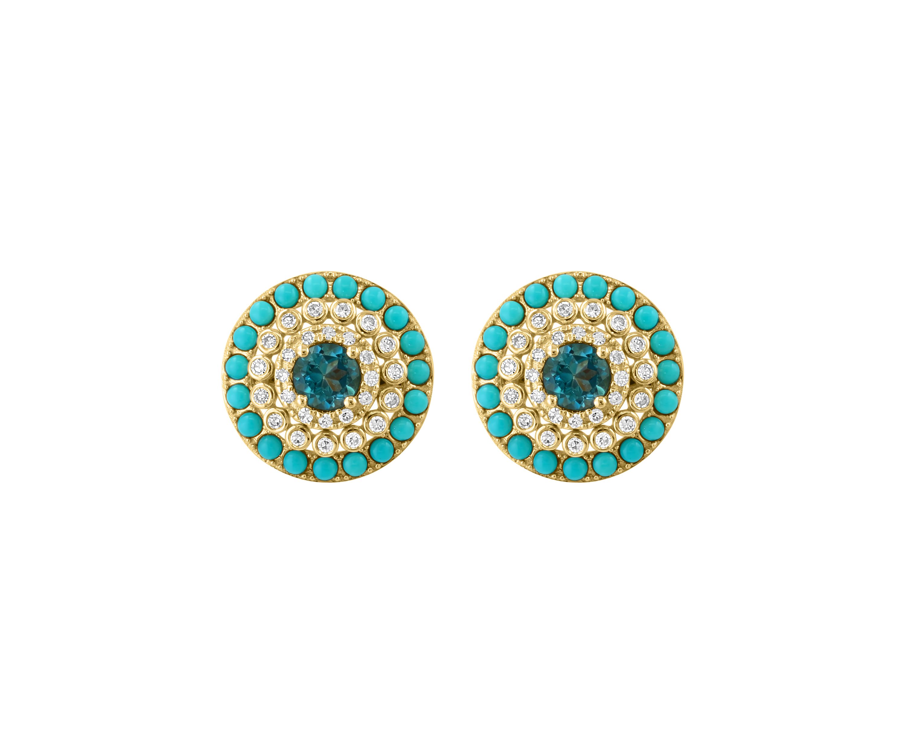 1/4 ct. t.w. London Blue Topaz, 3/4 ct. t.w. Turquoise, 1 ct. t.w. Diamond Earrings in 14K Yellow Gold