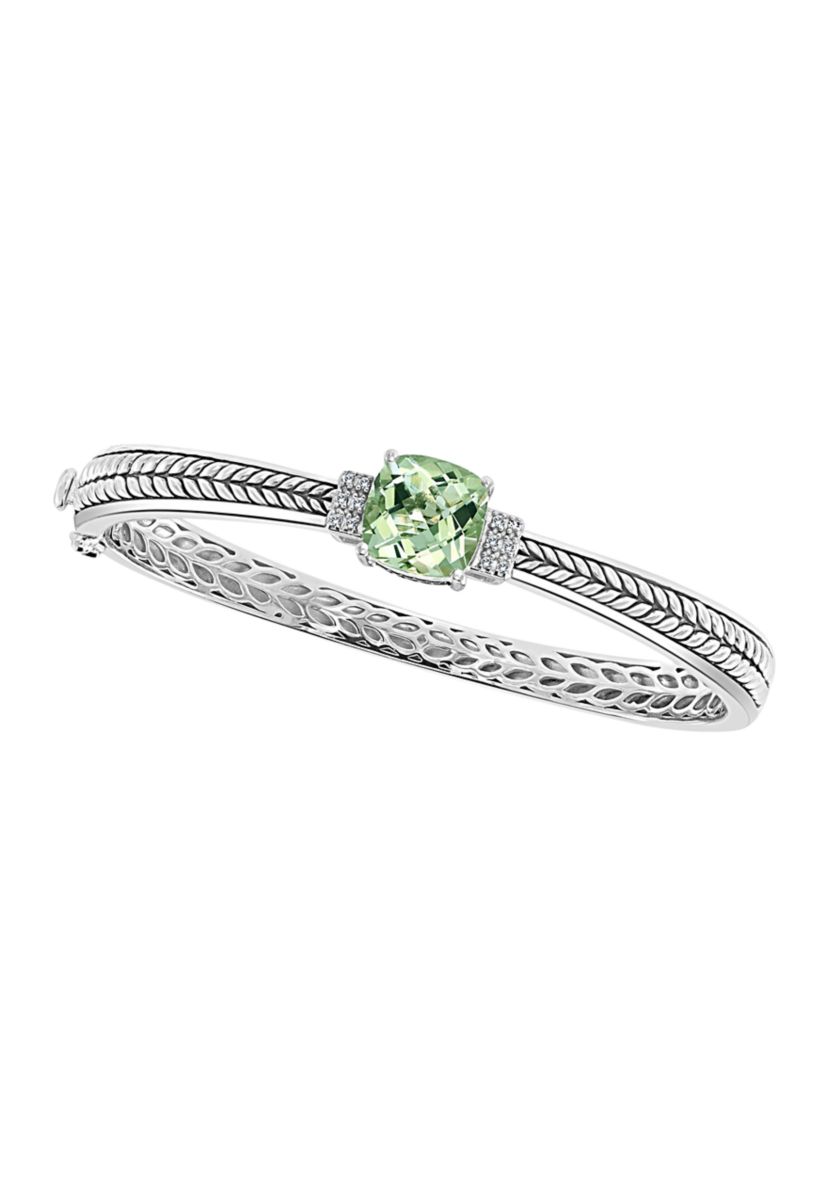 925 Sterling Silver 1/10 ct. t.w. Diamond and 3.82 ct. t.w. Green Amethyst Bangle