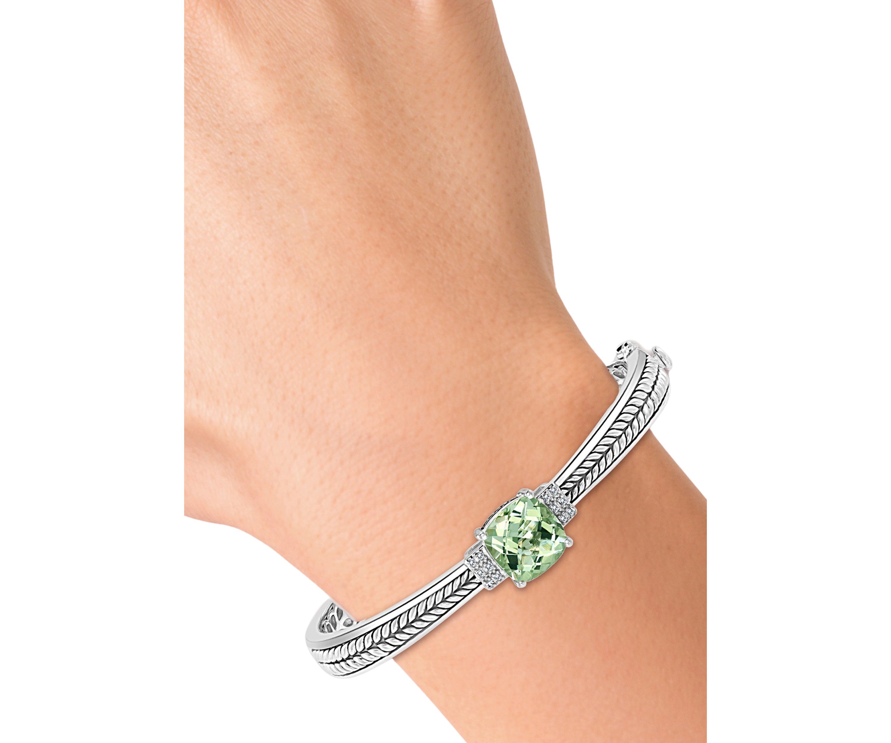 925 Sterling Silver 1/10 ct. t.w. Diamond and 3.82 ct. t.w. Green Amethyst Bangle