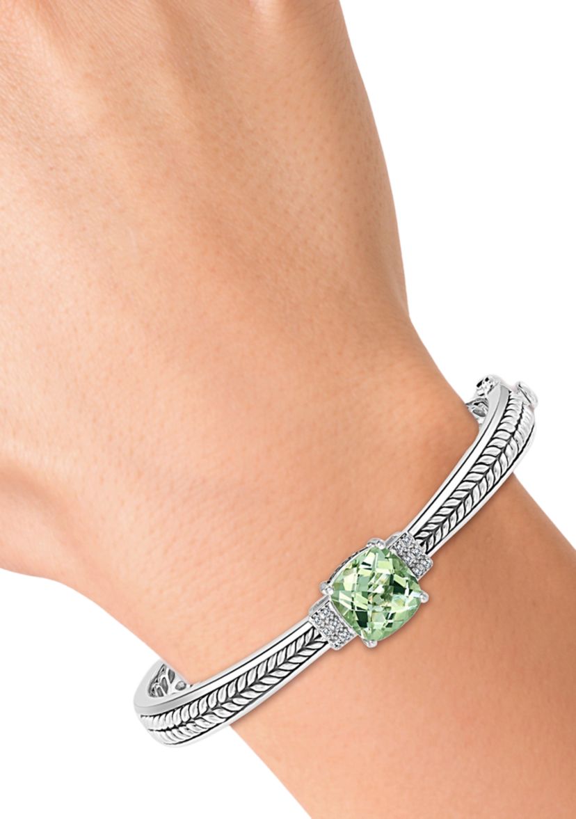 925 Sterling Silver 1/10 ct. t.w. Diamond and 3.82 ct. t.w. Green Amethyst Bangle