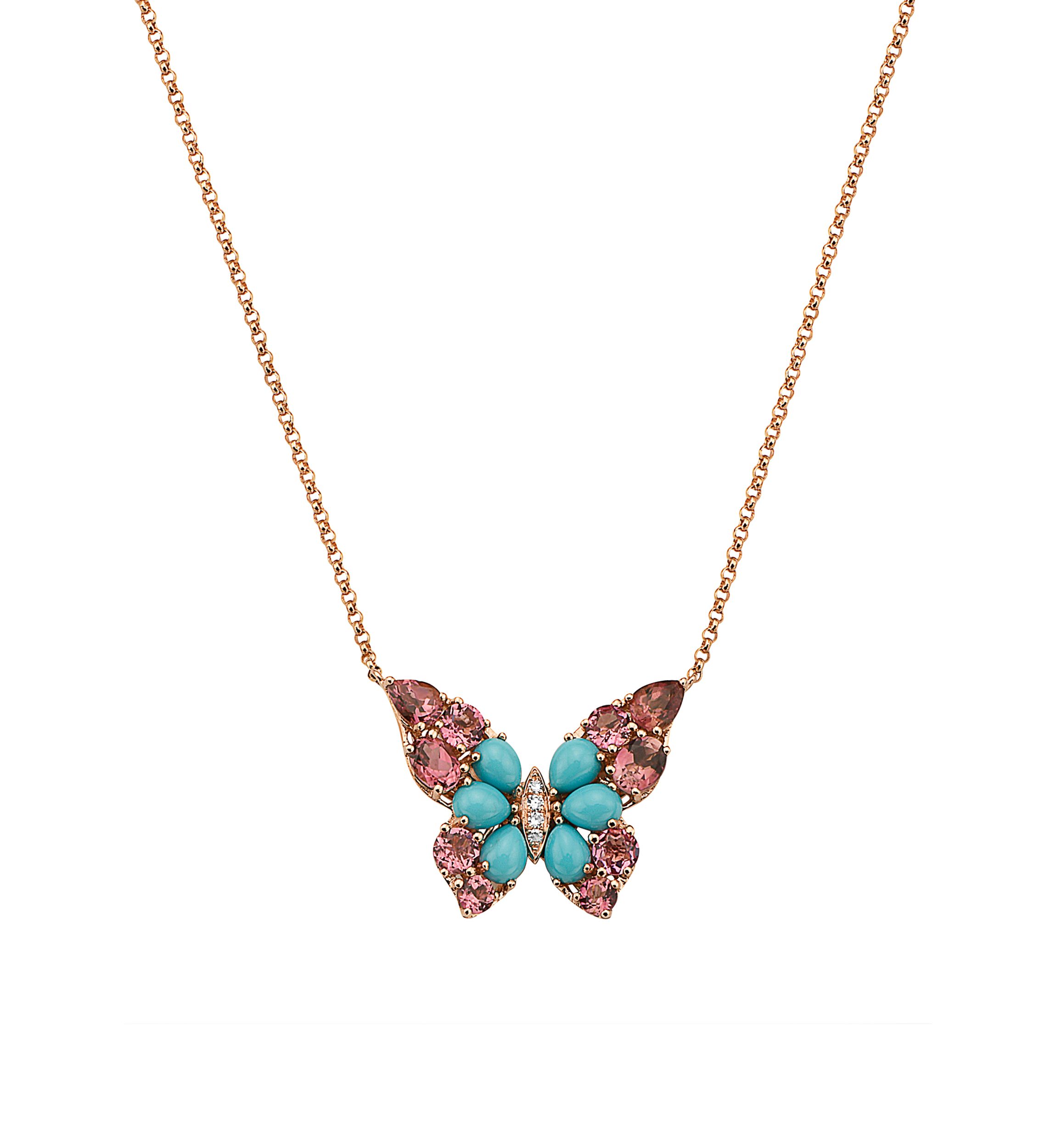 Diamond, Pink Tourmaline and Turquoise Butterfly Necklace in 14K Rose Gold