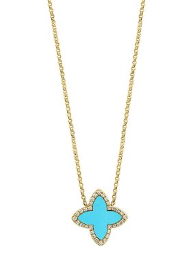 Effy 1/10 Ct. T.w. Diamond Turquoise Necklace In 14K Yellow Gold