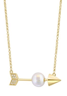 Effy 14K Yellow Gold Diamond Freshwater Pearl Arrow Necklace