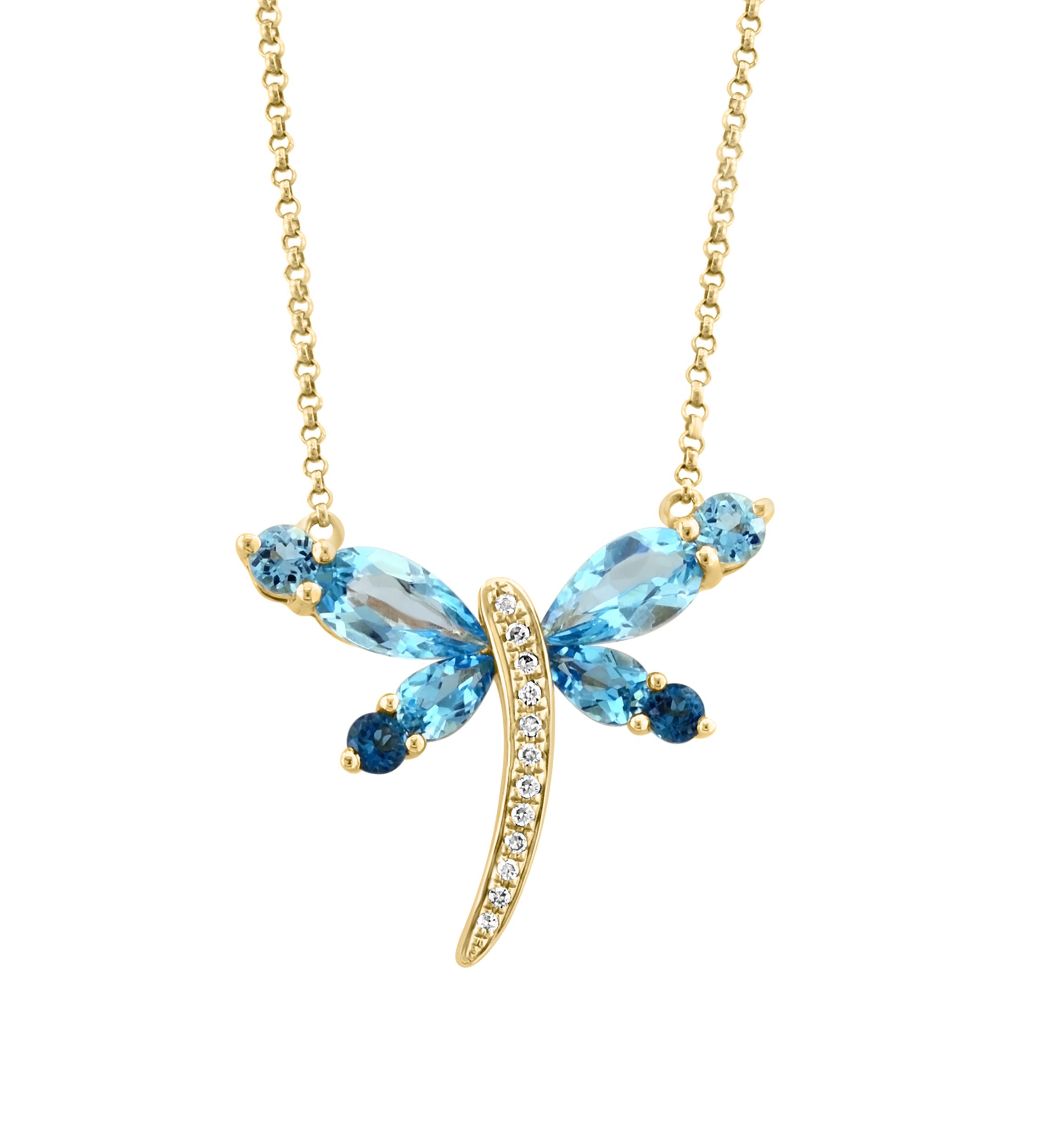 Diamond, Blue Topaz and London Blue Topaz Dragonfly Necklace in 14K Yellow Gold