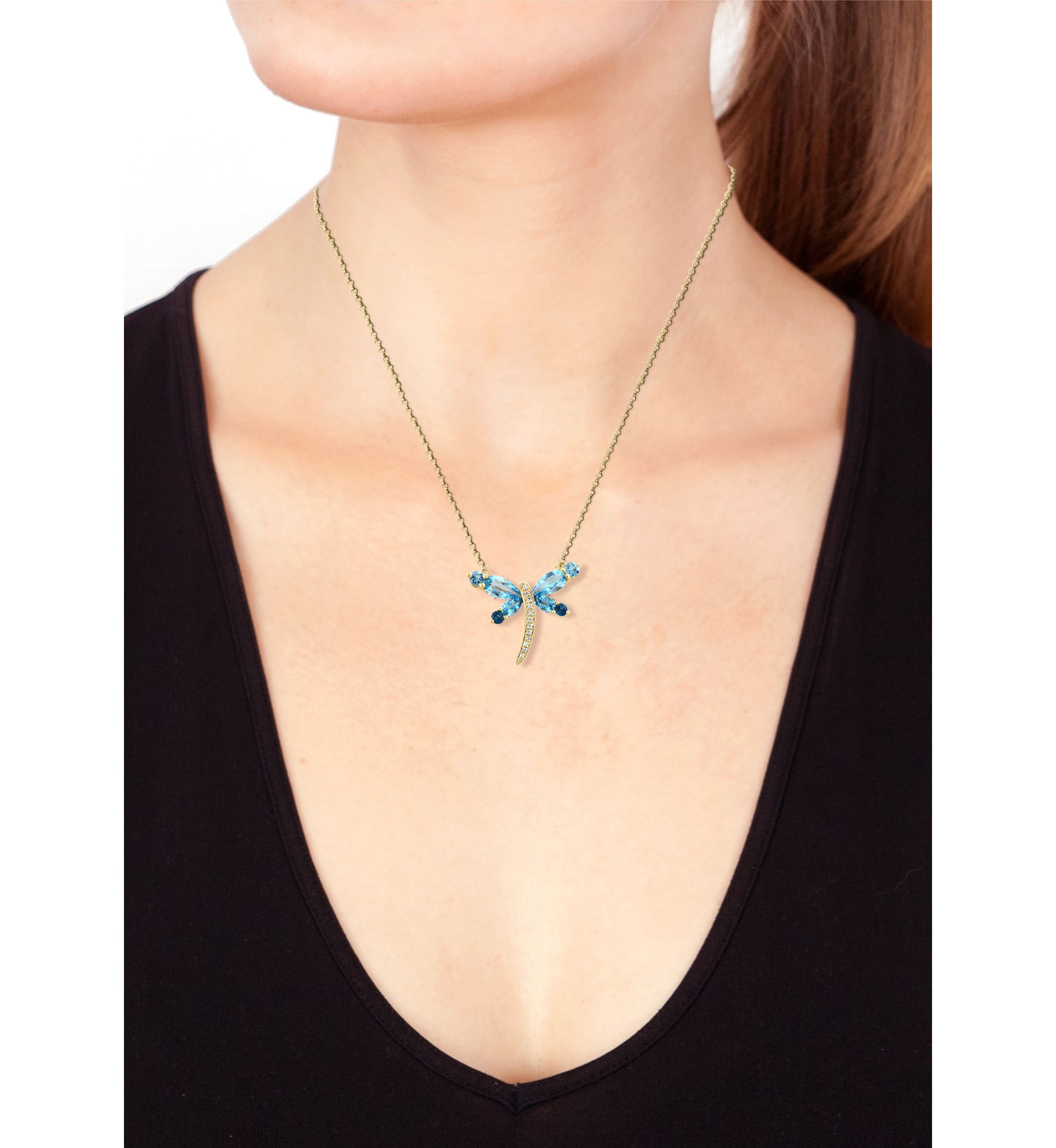 Diamond, Blue Topaz and London Blue Topaz Dragonfly Necklace in 14K Yellow Gold